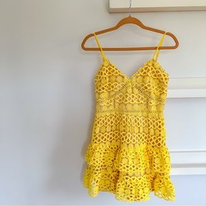 Lulus Yellow & Nude Underlay Crochet Lace Sleeveless Dress